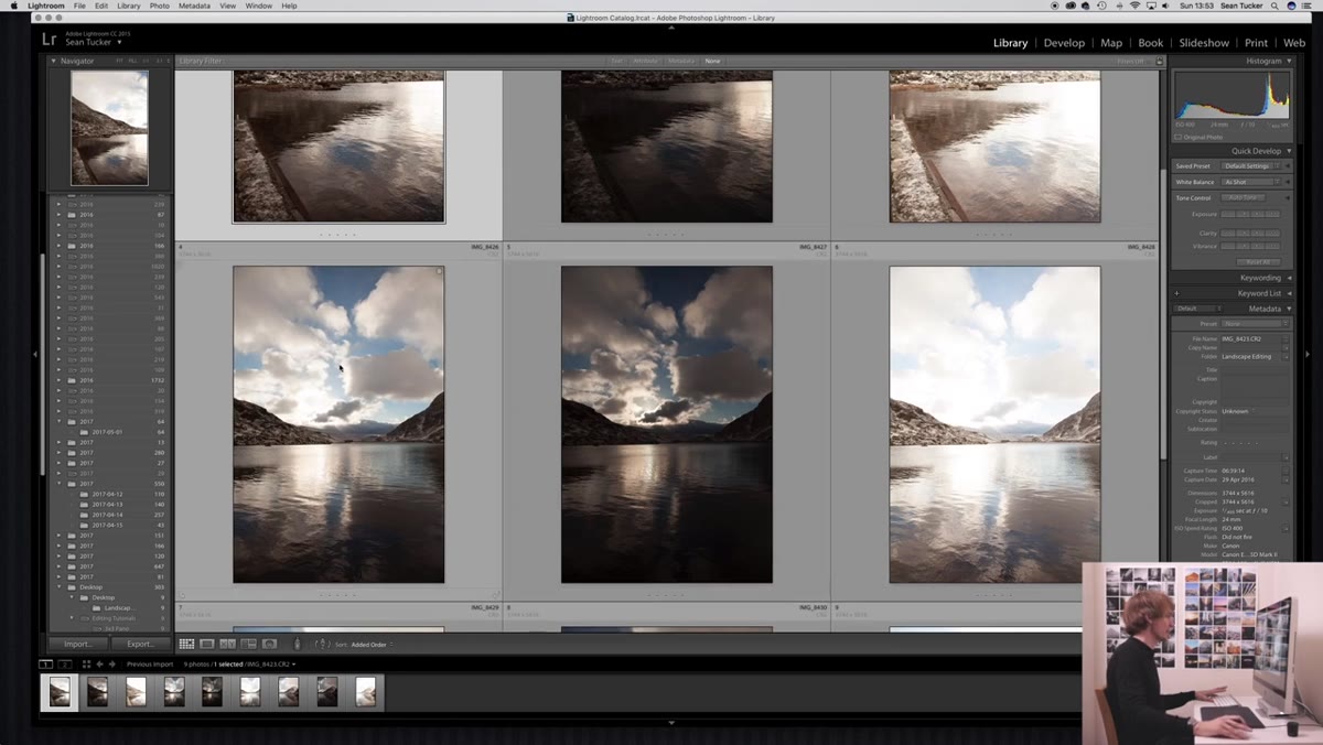 Second set of three bracketed frames selected in Lightroom