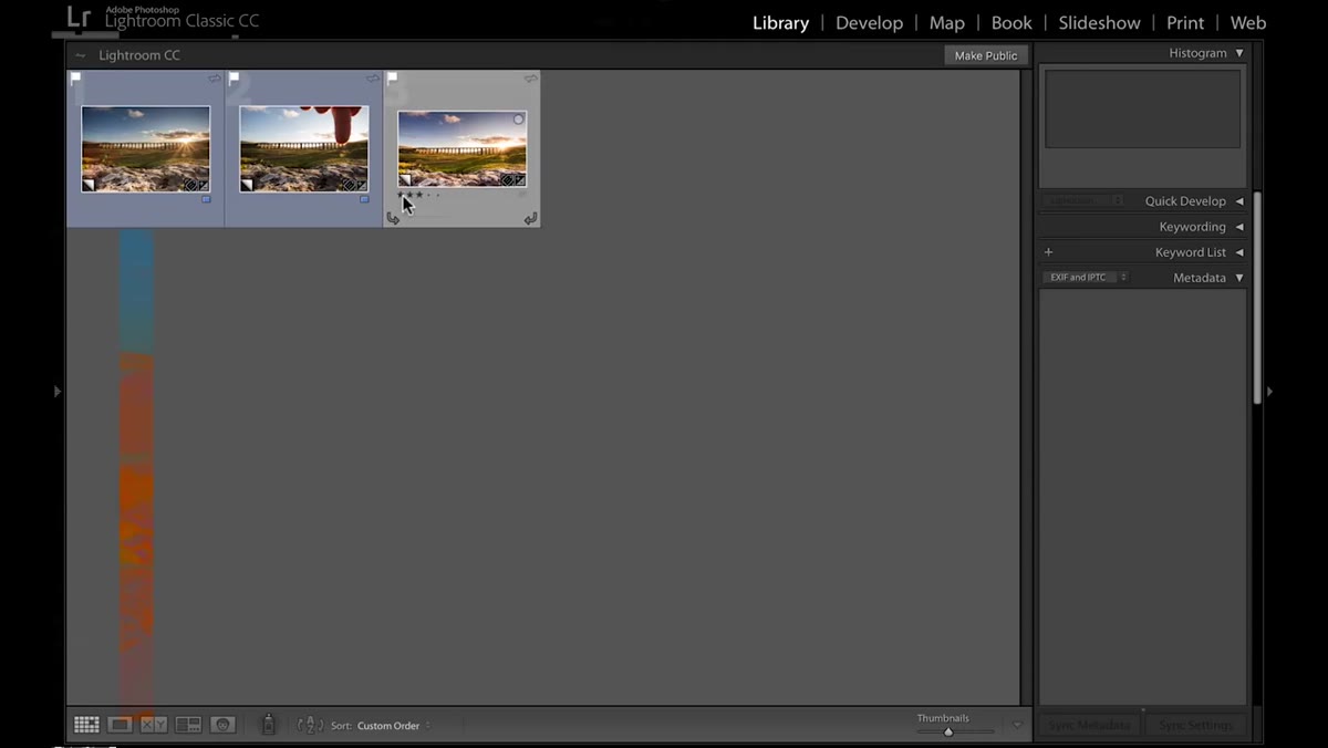 Multiple bracketed frames visible in Lightroom filmstrip