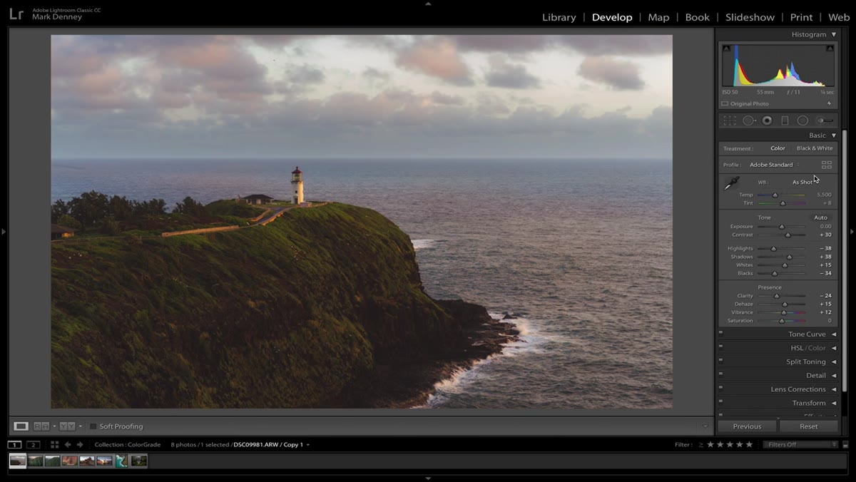 White balance dropper tool moving across landscape image