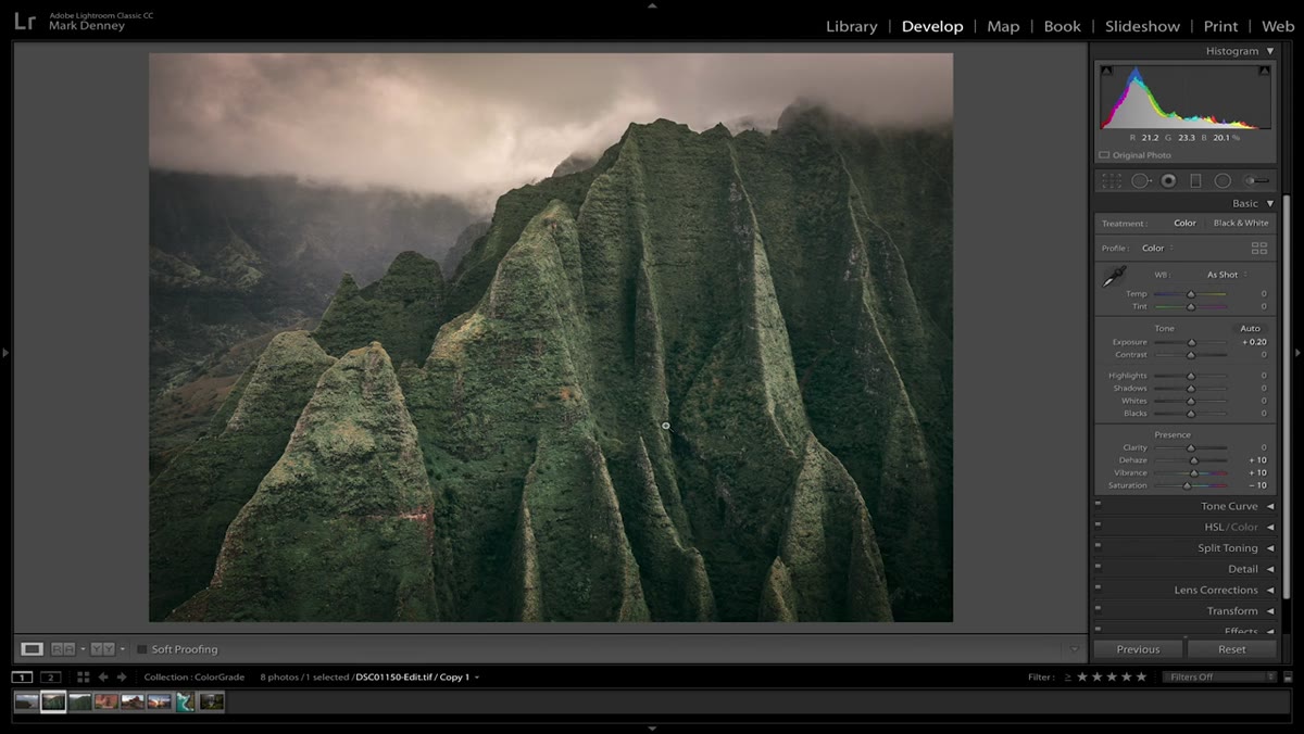 HSL panel open with individual color hue sliders visible