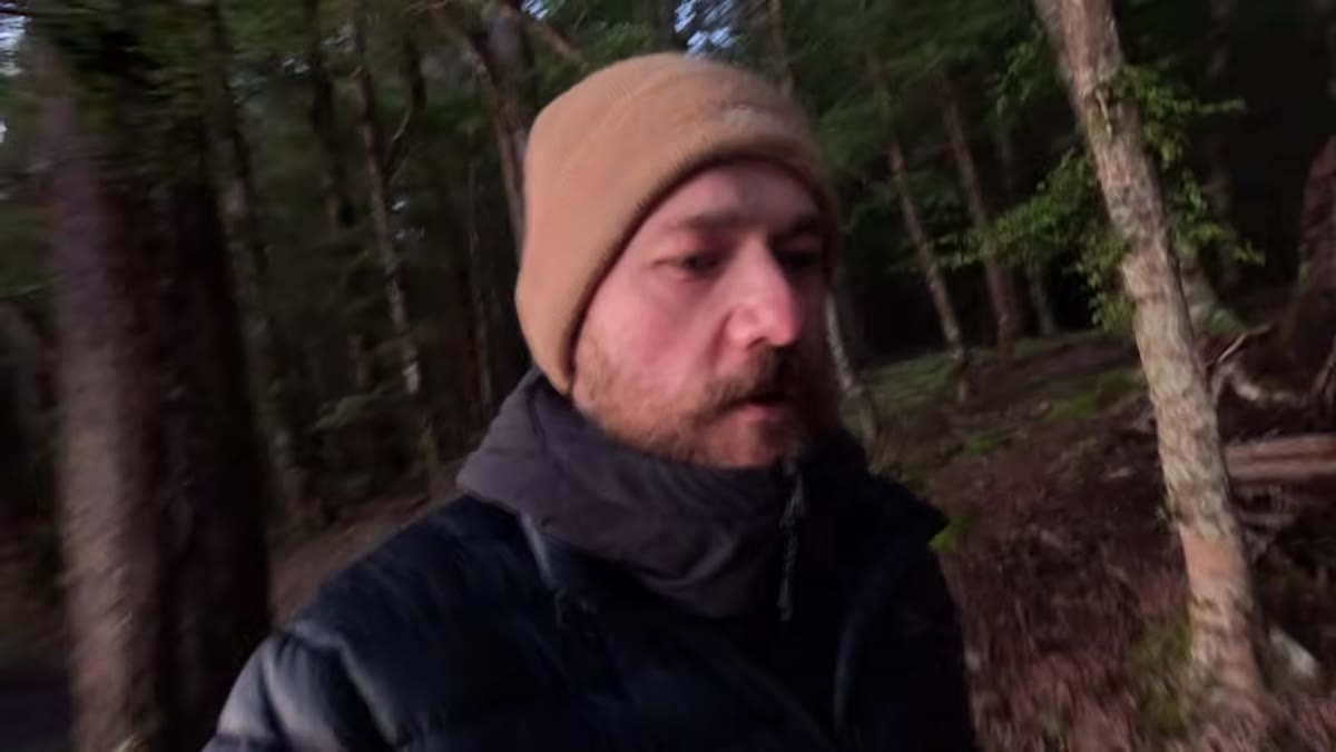 Photographer walking through dark pre-dawn Fiordland forest