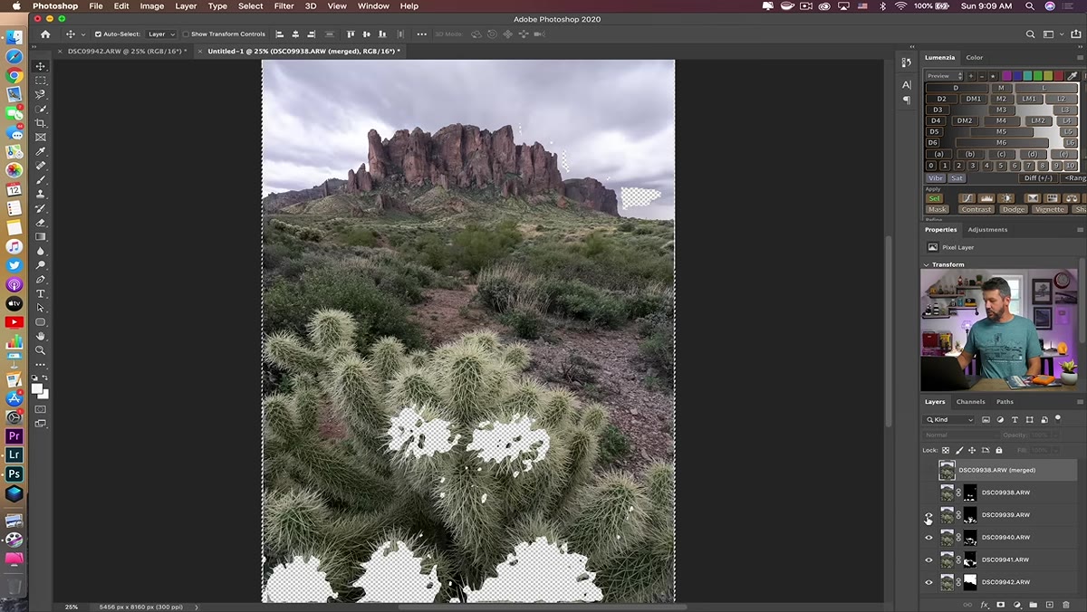 Photoshop layers panel showing stack loaded, auto-align option selected