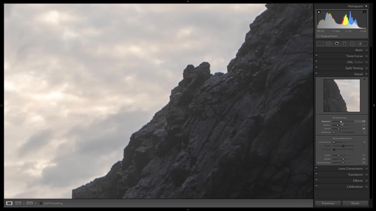 Amount slider being adjusted, zoomed view of rocky coastline