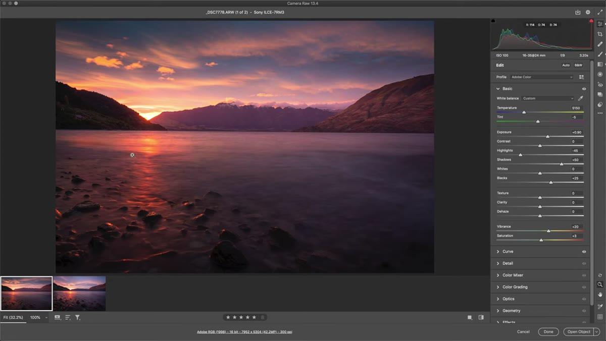 Quick shadow and highlight adjustments applied in Adobe Camera Raw