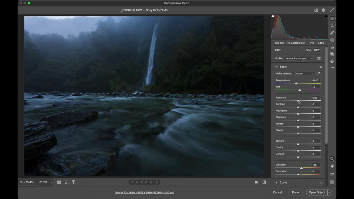 Adjustment brush being painted over the dark foreground area