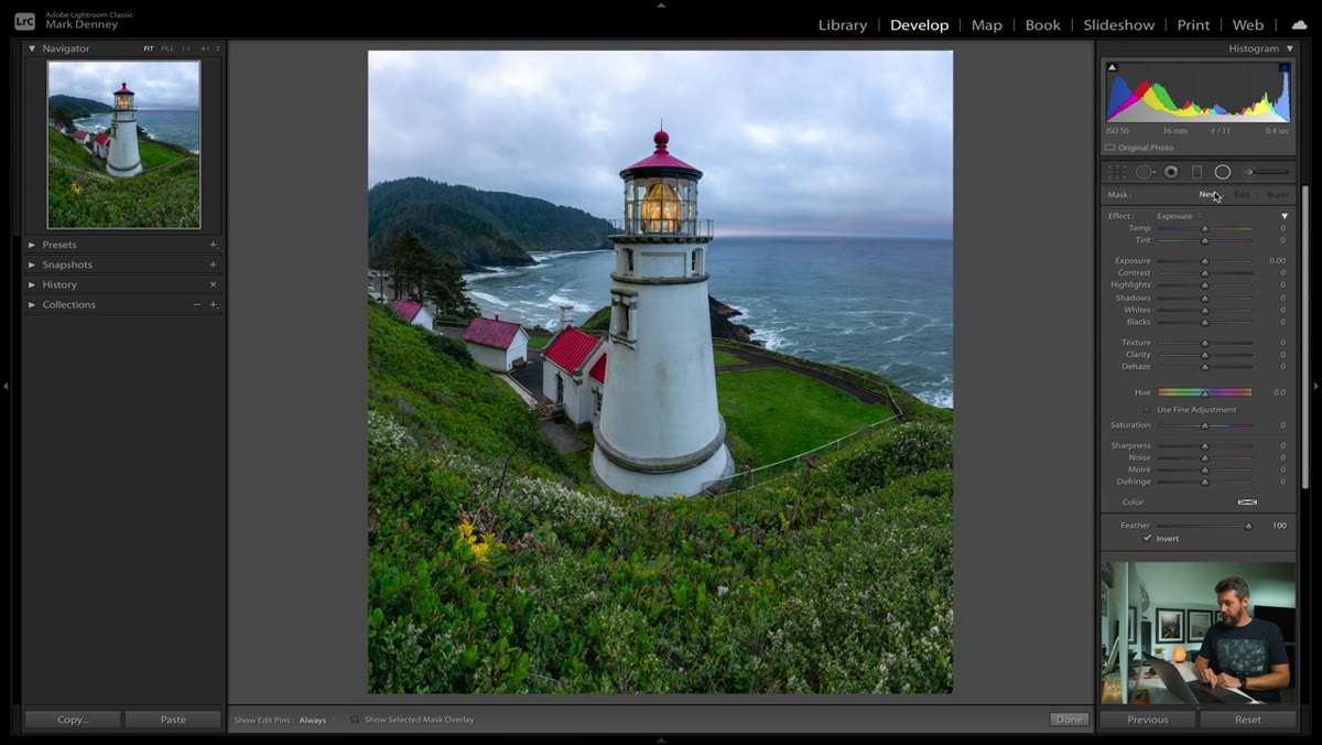 Radial filter dragged over the lighthouse bulb in Lightroom