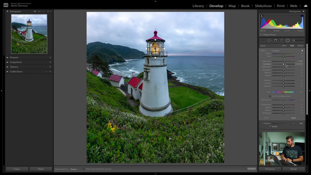 Exposure and highlights increased inside radial filter on lighthouse