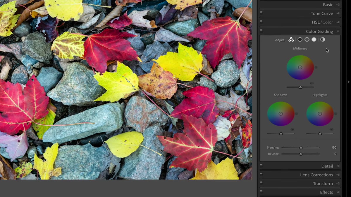 Three color wheels for shadows, midtones, and highlights displayed