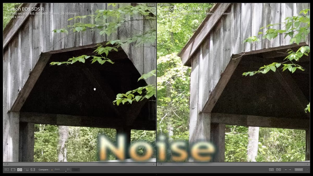Lightroom panels showing noise comparison at ISO 6400