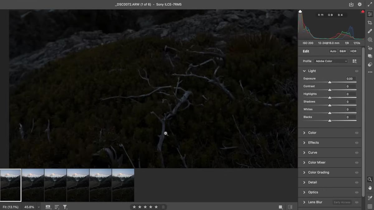 Raw focus-stacked file open in Lightroom showing flat exposure