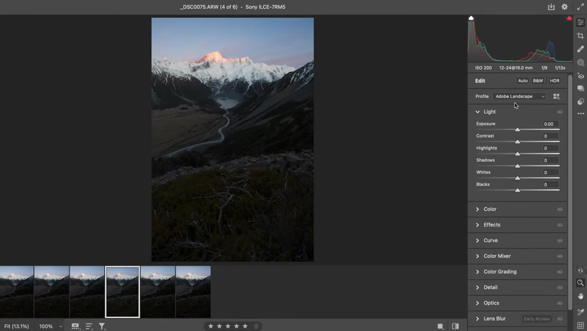Lightroom develop module with landscape color profile applied