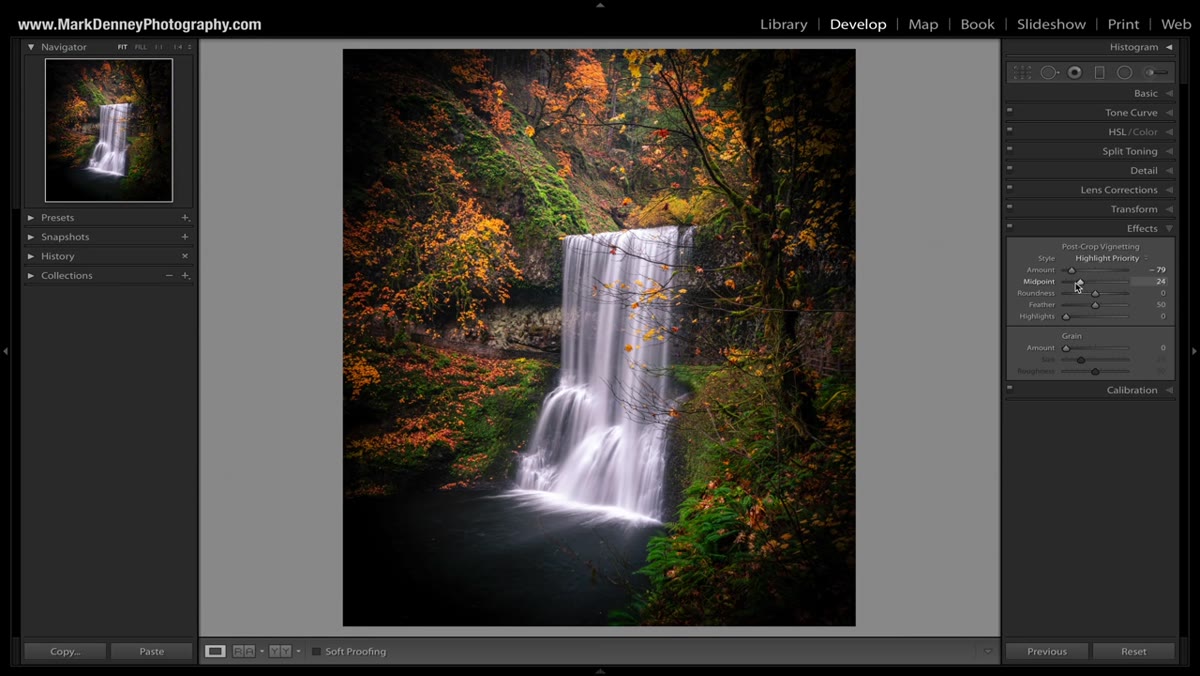 Midpoint slider being adjusted, showing vignette size changing on image