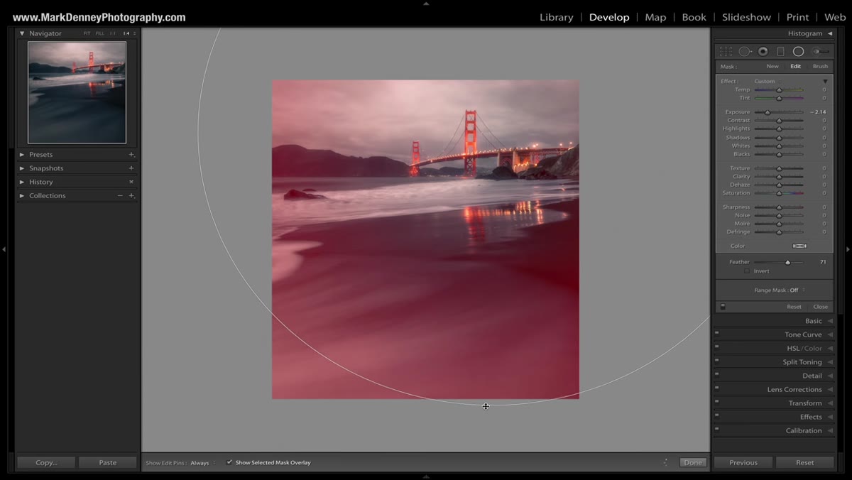 Adjustment brush being painted along image edges in Lightroom