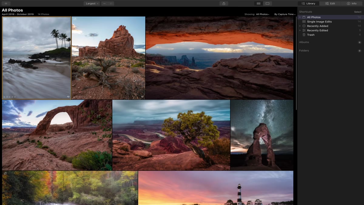 Library module showing a landscape photo selected for editing