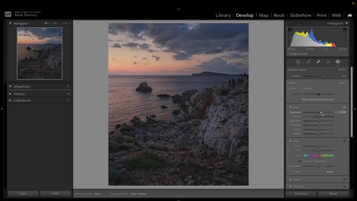 Exposure slider raised inside radial filter, Highlights being reduced to preserve detail