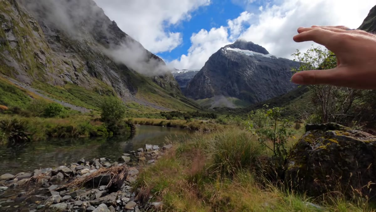 Mountain peak symmetrically framed between two valley walls