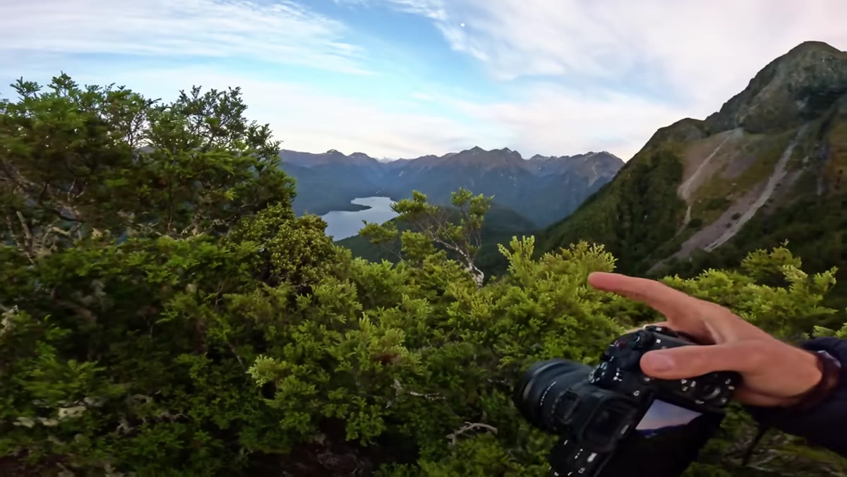 Photographer adjusting position to separate branch from water below
