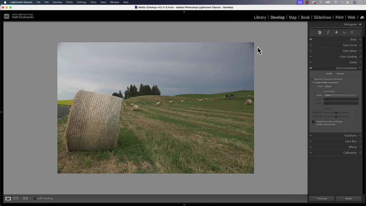 Lens Corrections panel open with profile corrections enabled