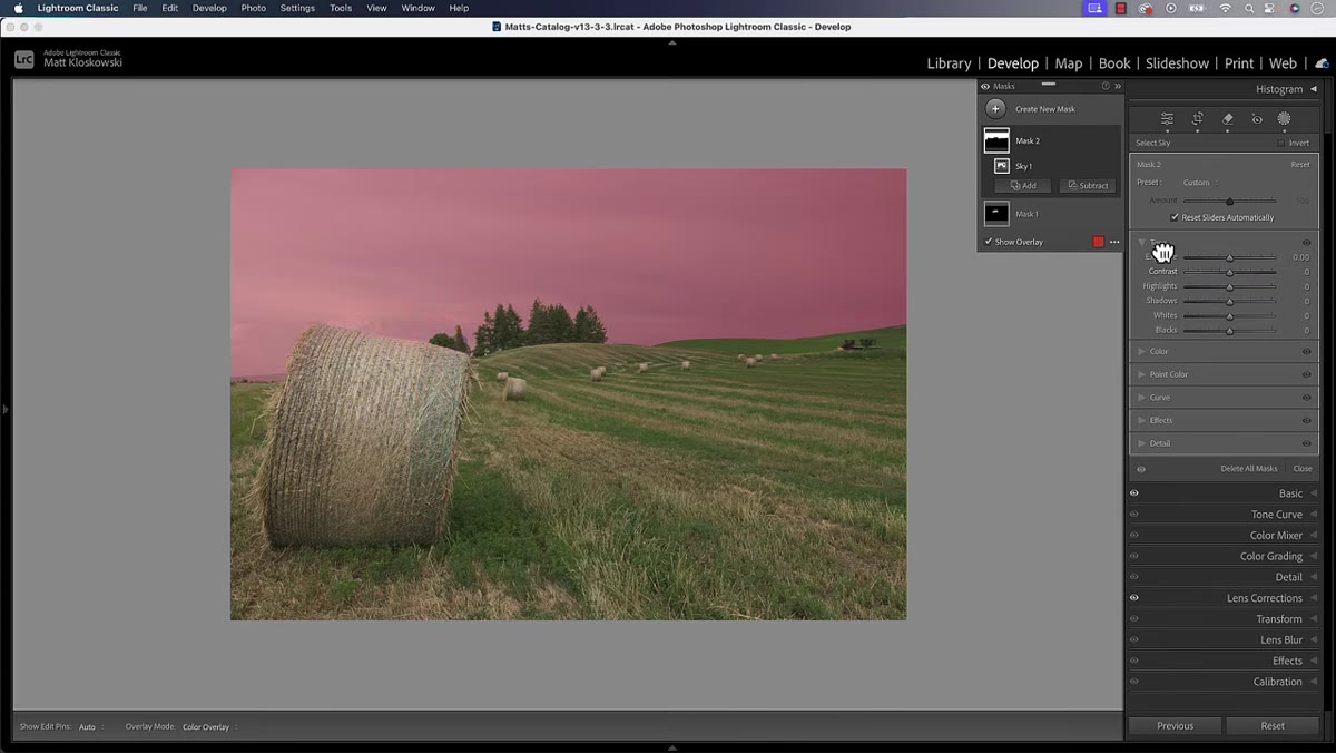 Select Sky mask active with exposure and highlights reduced