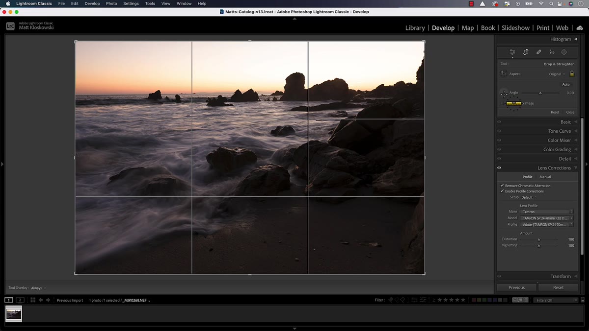 Crop tool active, user dragging along the horizon line