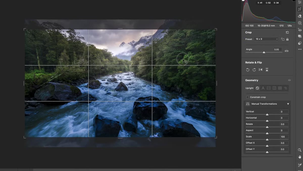 Applying 16x9 crop and repositioning frame toward mountain