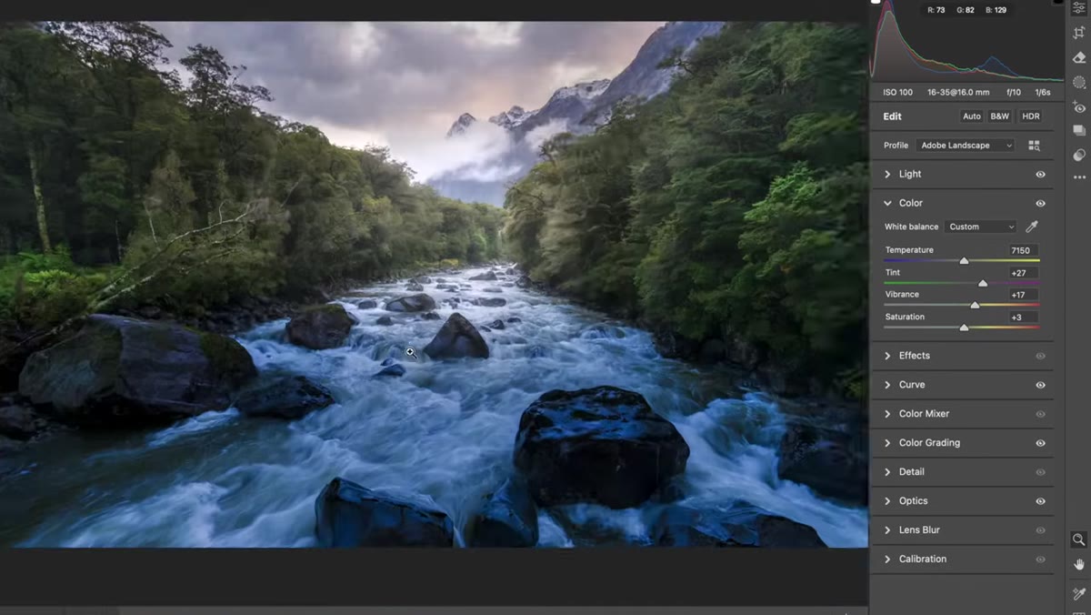 Color grading tab showing shadow hue pushed toward blue