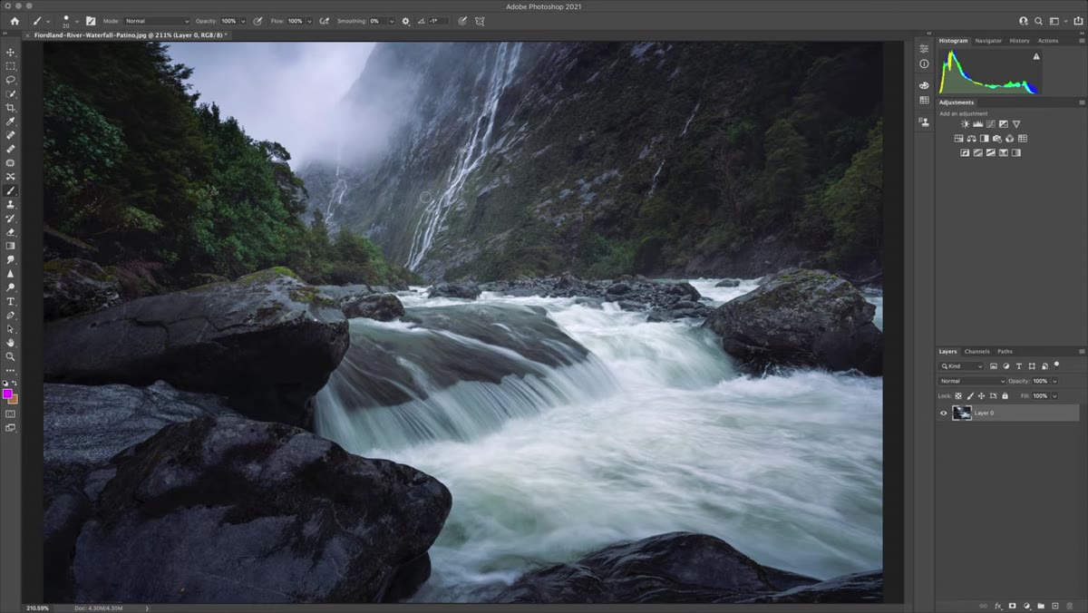 Final composition showing rocks framing river leading to waterfall