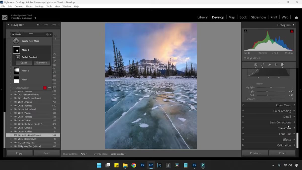 Lens corrections vignette slider being adjusted in effects panel