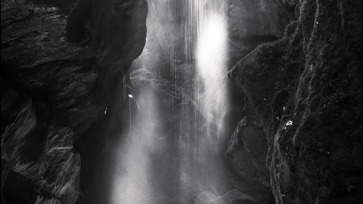 Before-and-after comparison of waterfall image in color versus black and white