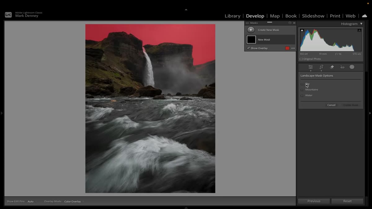 Multiple landscape mask options displayed: sky, mountains, water