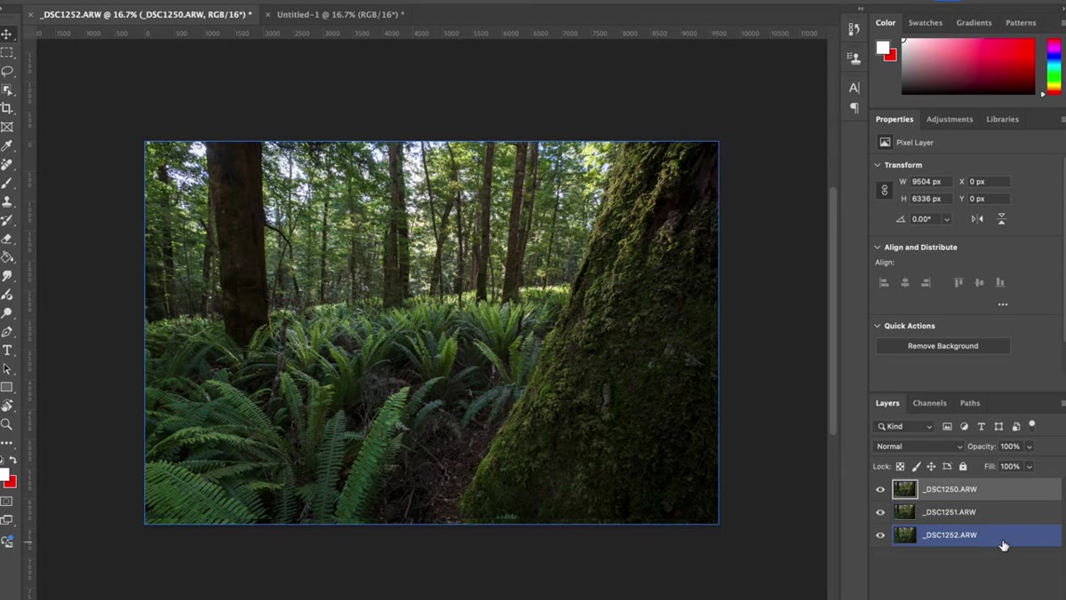 Photoshop layers panel with all layers selected, Auto-Align dialog open