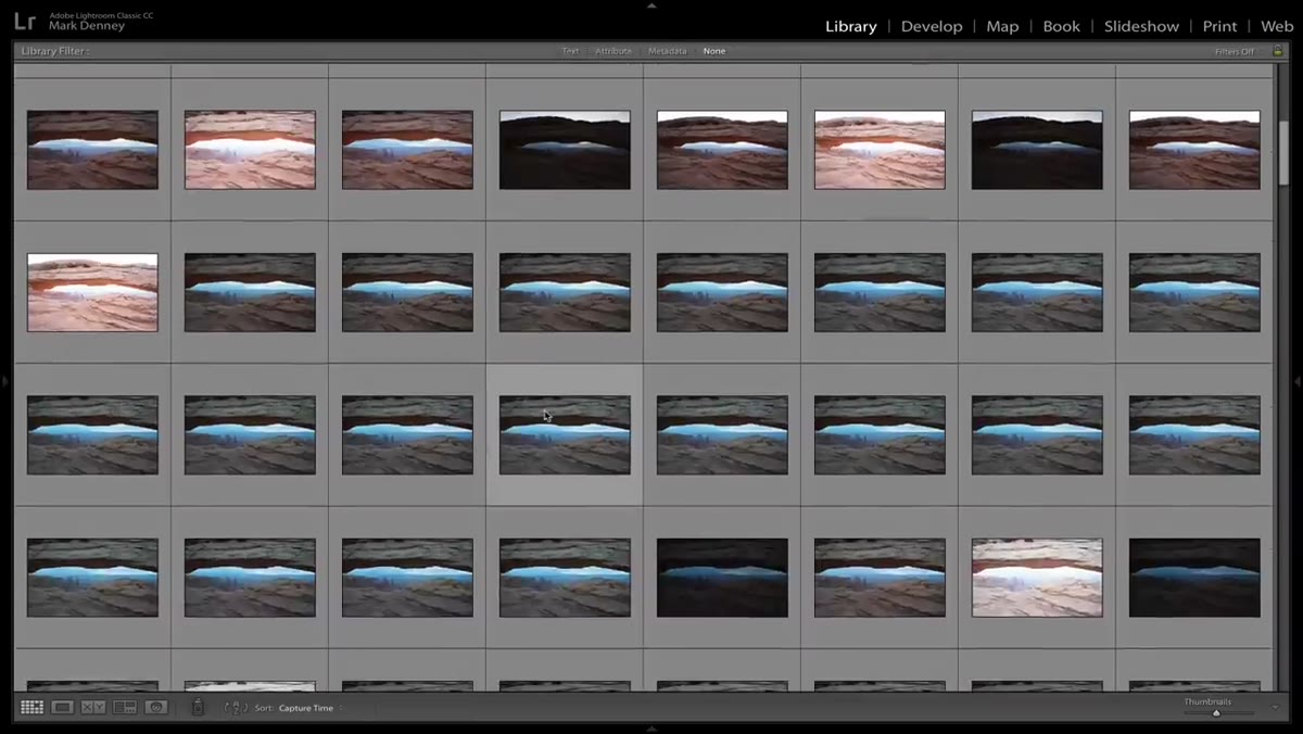 Large library of similar shots from one shoot displayed on screen