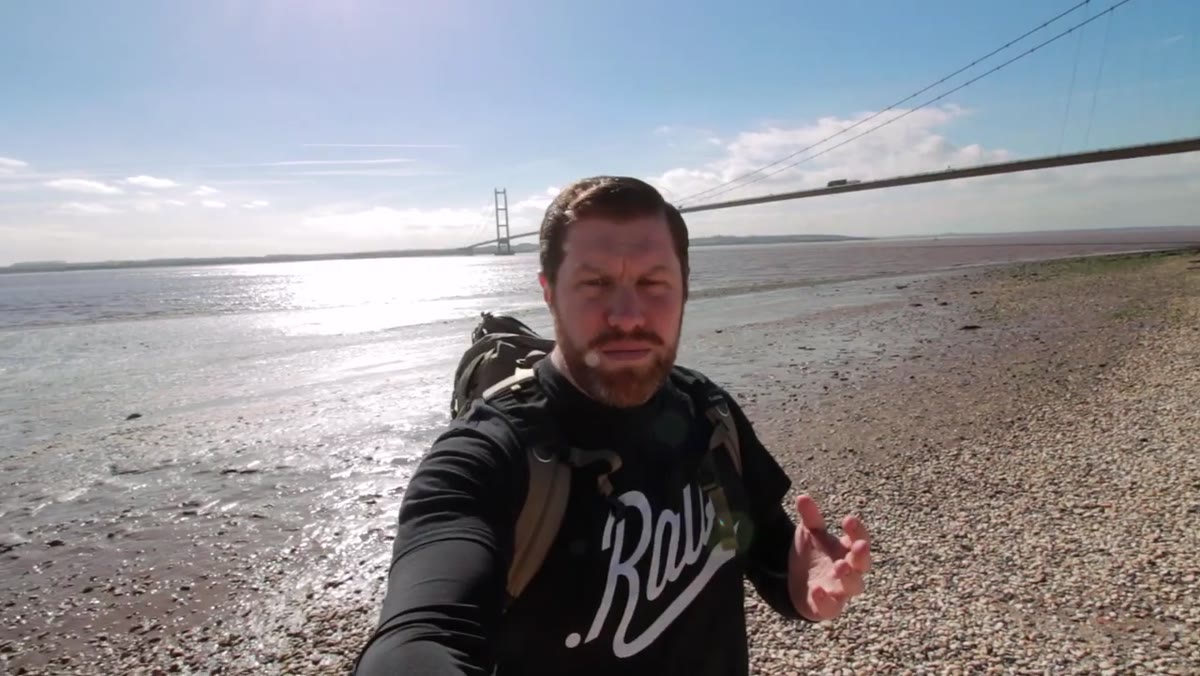 Wide-angle shot being framed beneath the Humber Bridge