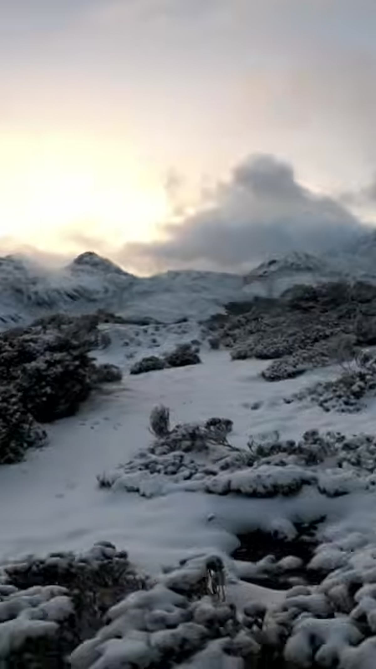 Mountain peaks lit by dramatic sidelight during storm approach