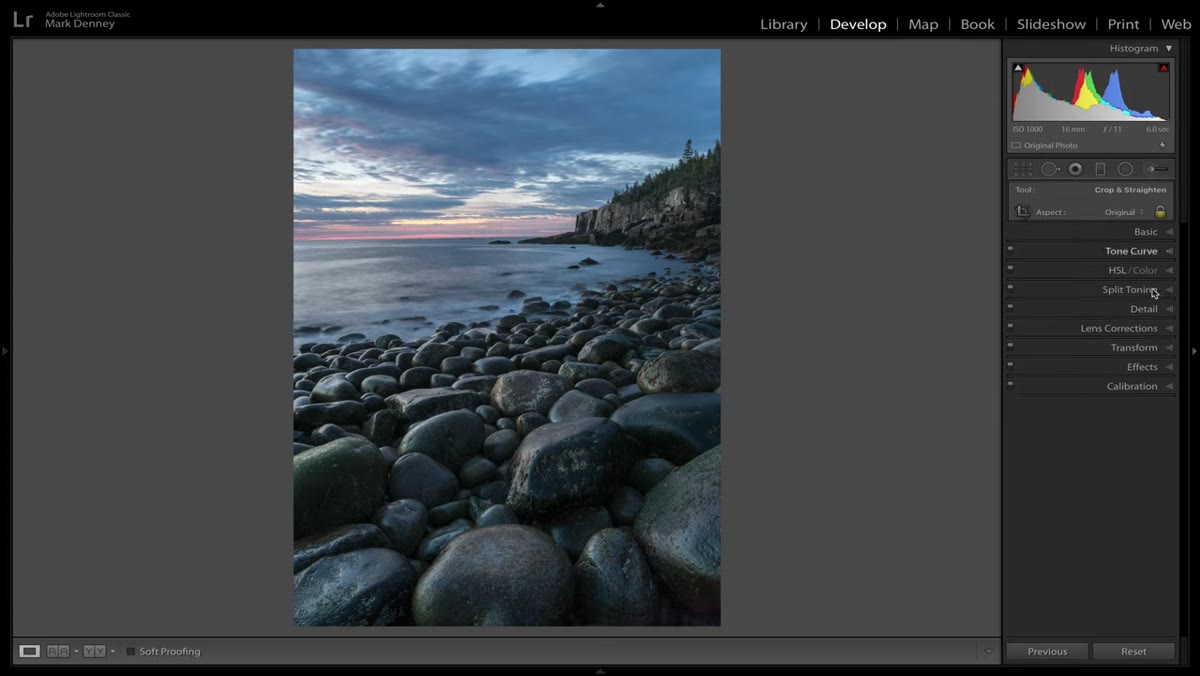 Diagonal grid overlay applied to landscape image in Lightroom