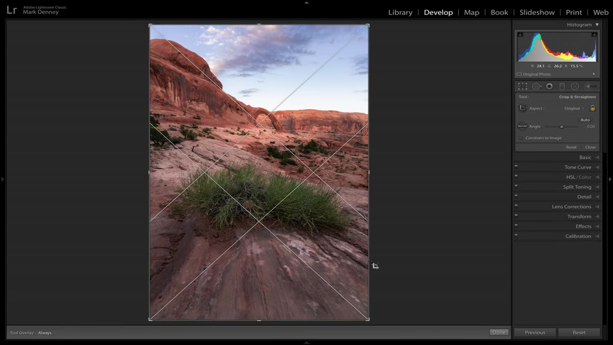 Golden ratio spiral overlay over landscape photo