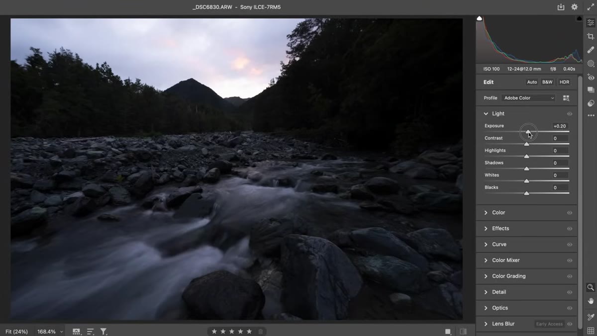 Exposure slider being increased to lift the entire tonal range