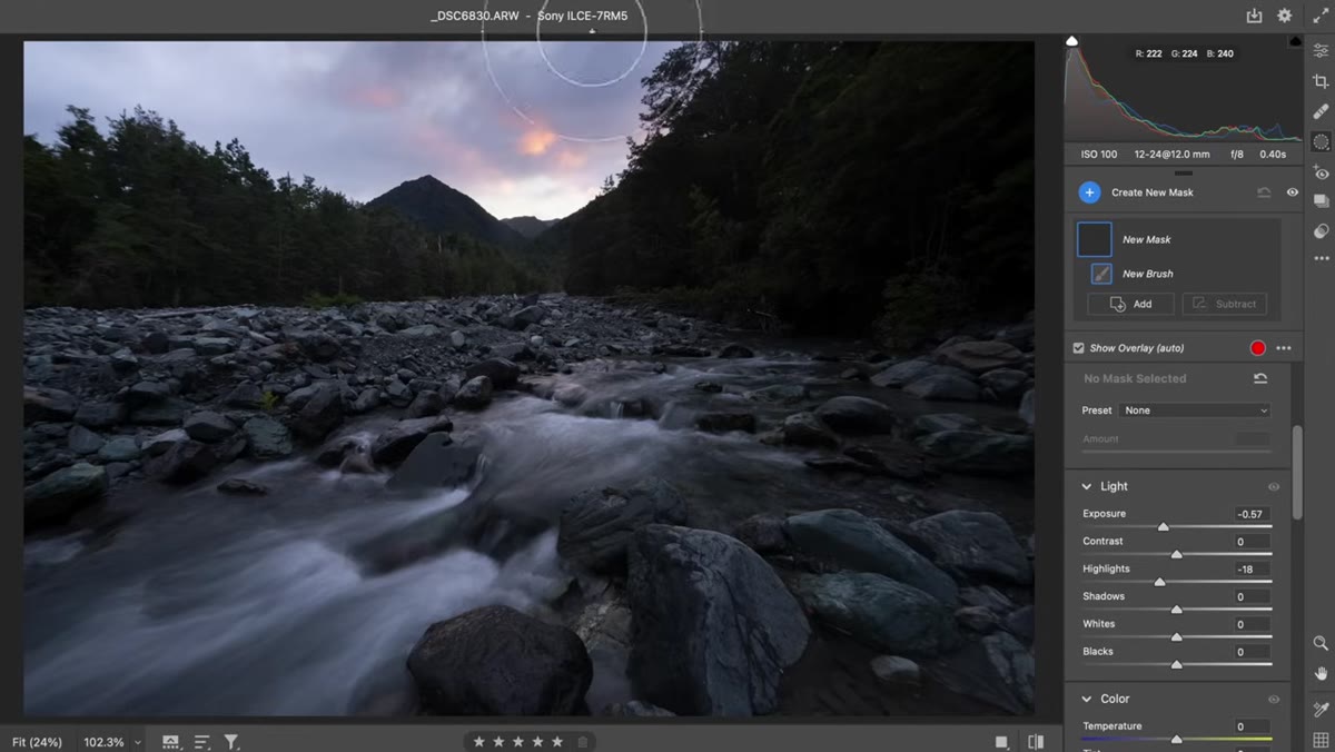 Adjustment brush darkening the sky while leaving the foreground untouched