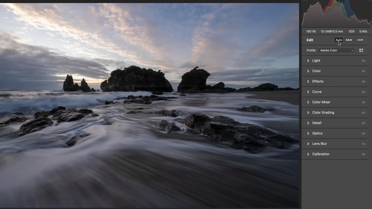 Auto button highlighted in Lightroom&rsquo;s Basic panel