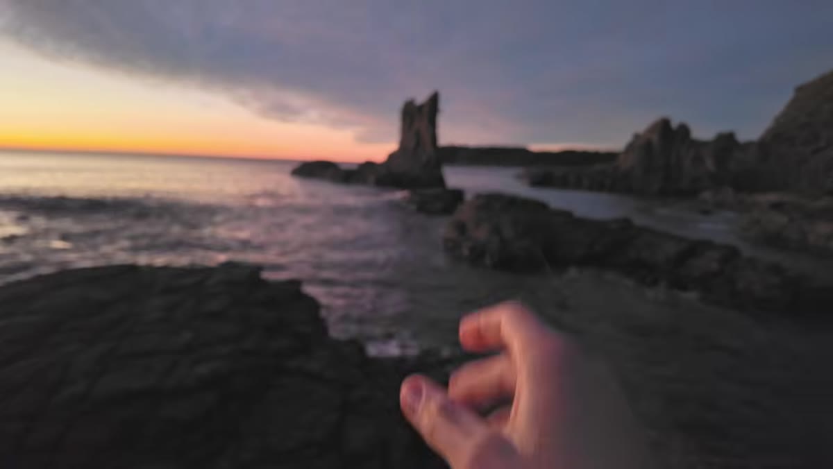 Low angle showing rock ledge and sea stack alignment