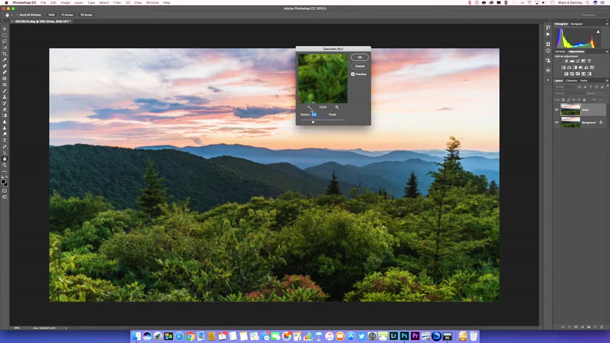Gaussian Blur dialog box open with radius value being set