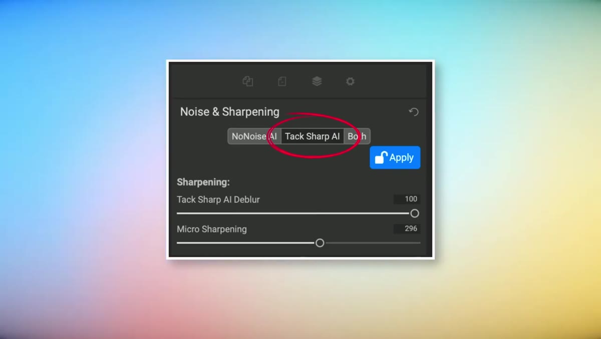 Tack Sharp AI panel selected within NoNoise AI interface