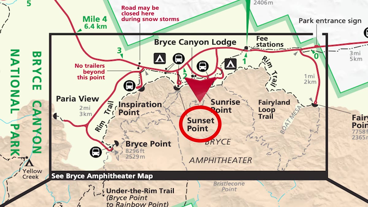Overview map of rim points from Sunrise to Bryce Point