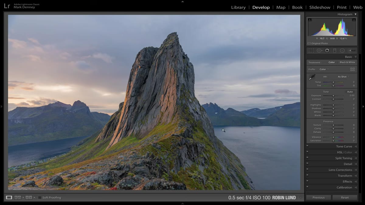 Editing panel showing shadows pulled too high on mountain scene