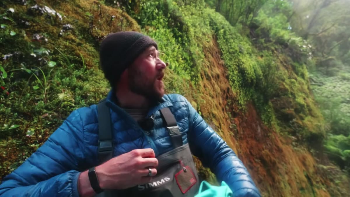 Patino close to waterfall describing spray challenge