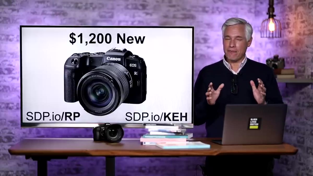 Canon EOS RP body shown with lens options listed
