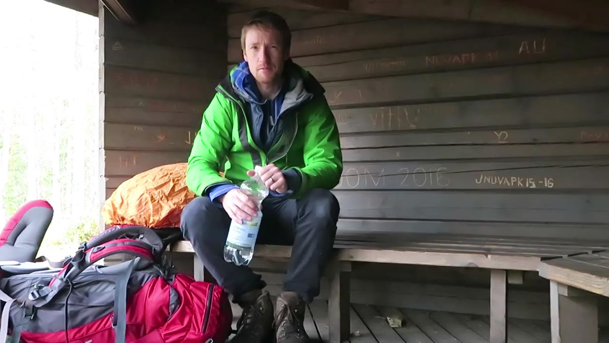 Heaton arriving at second campsite, describing the lean-to shelter