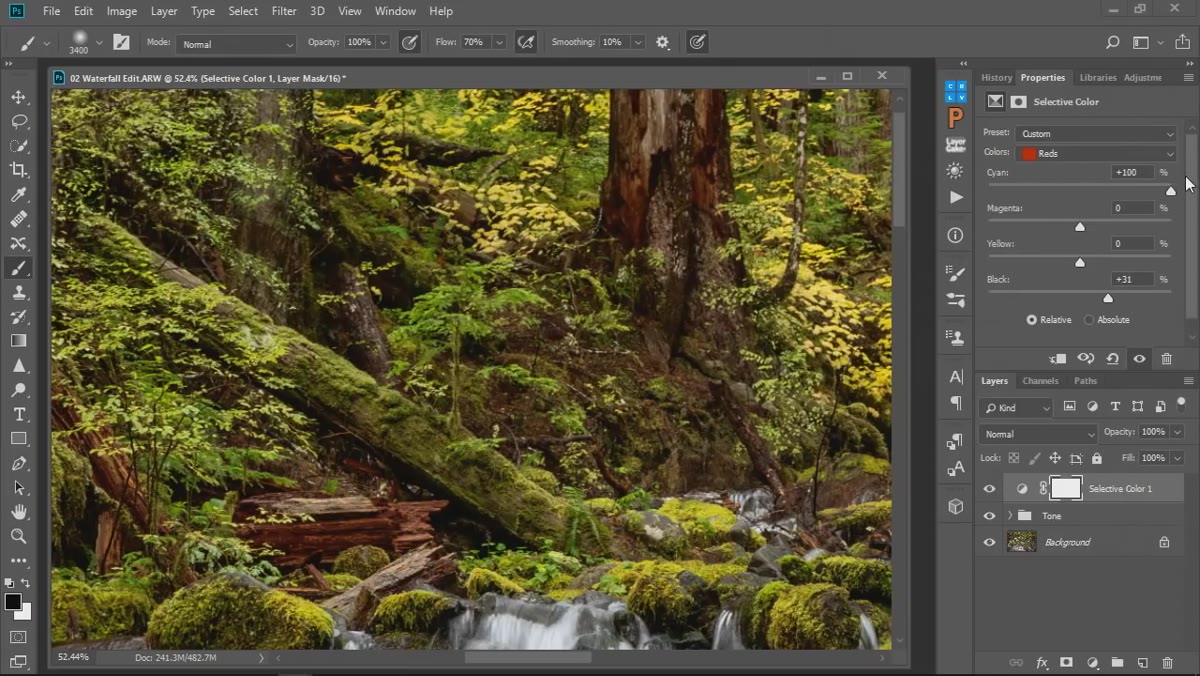 Cyan slider adjusted showing reduction in red saturation