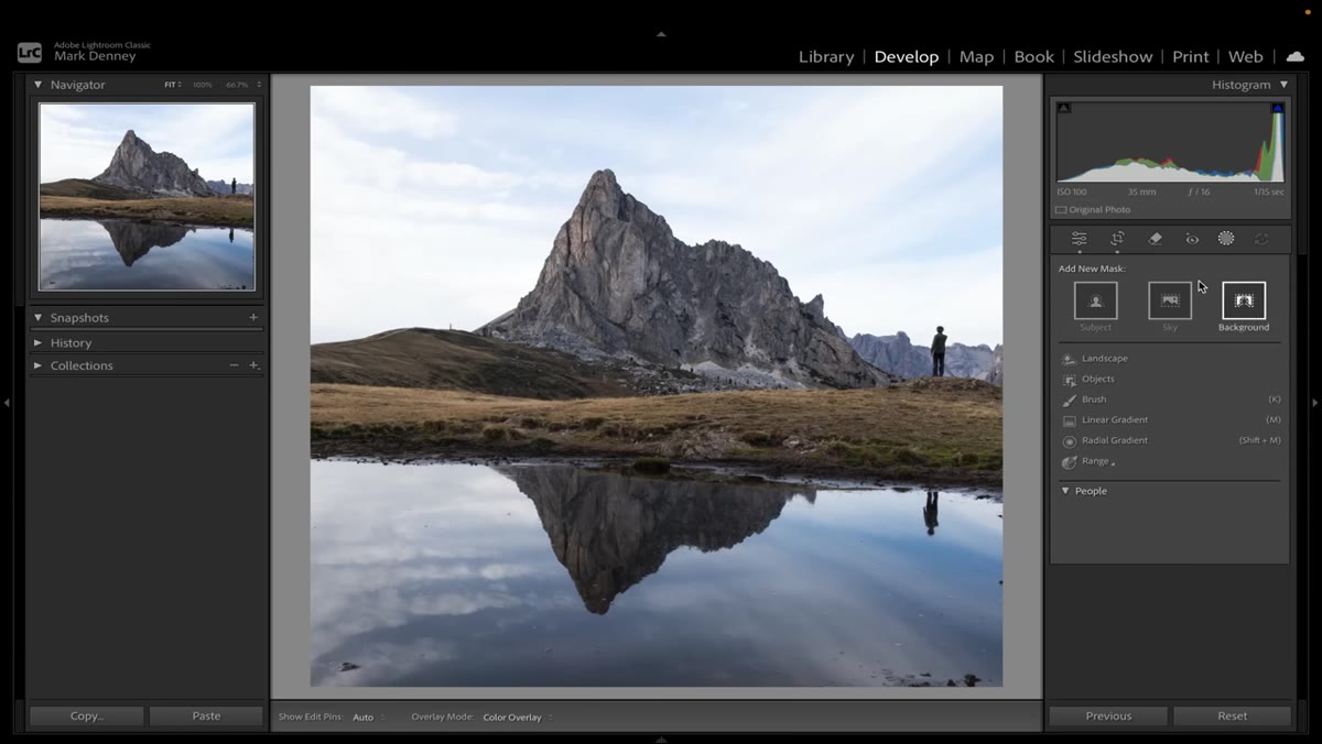 Sky mask applied over Dolomites image in Lightroom